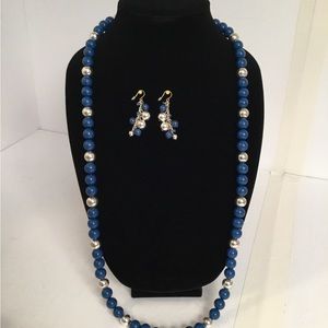 Vintage Signed ROMAN blue and silver beaded necklace 35” with matching earrings